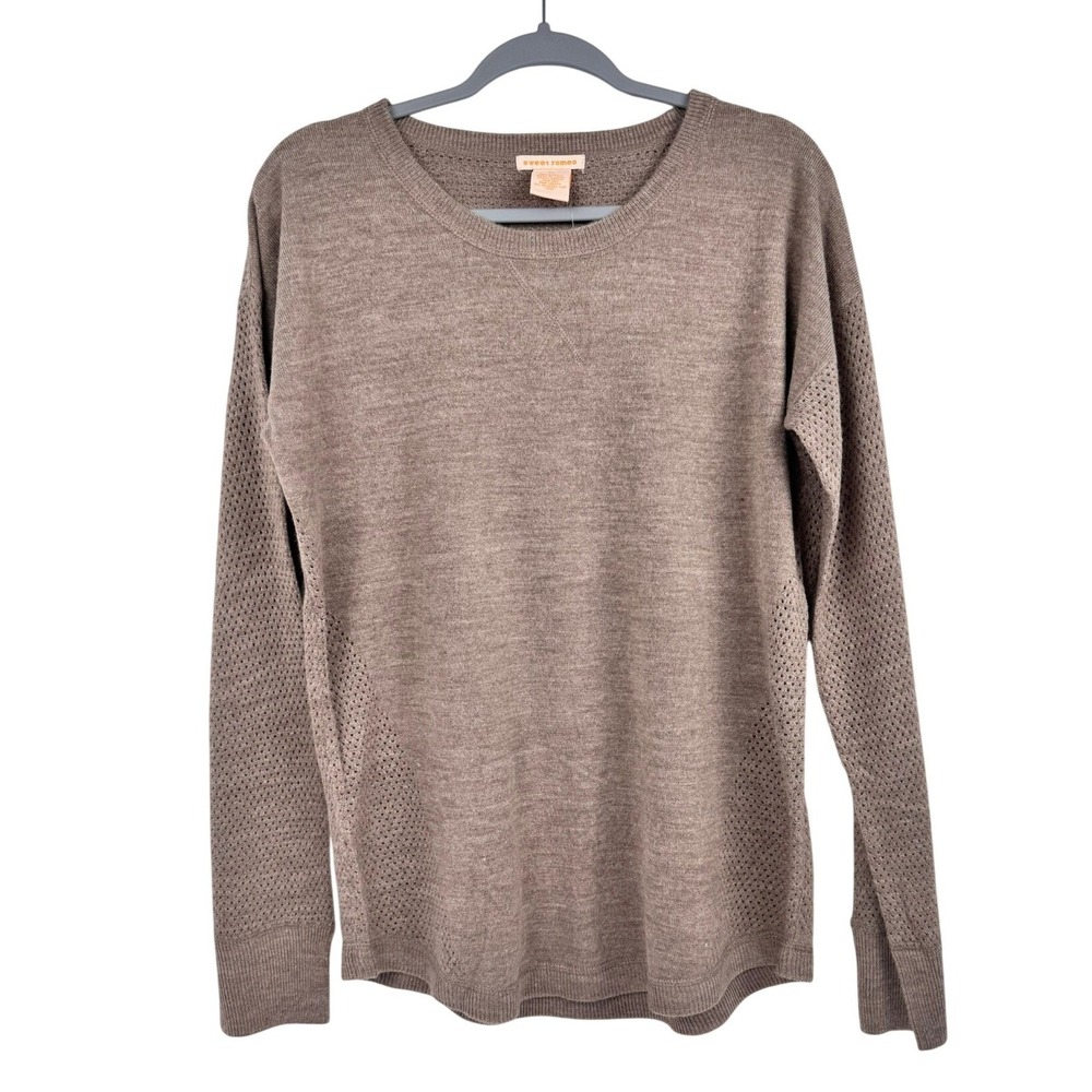 Women's Taupe Knit Sweater Textured Mesh Sleeve Long Sleeve Top Sweet Romeo XL